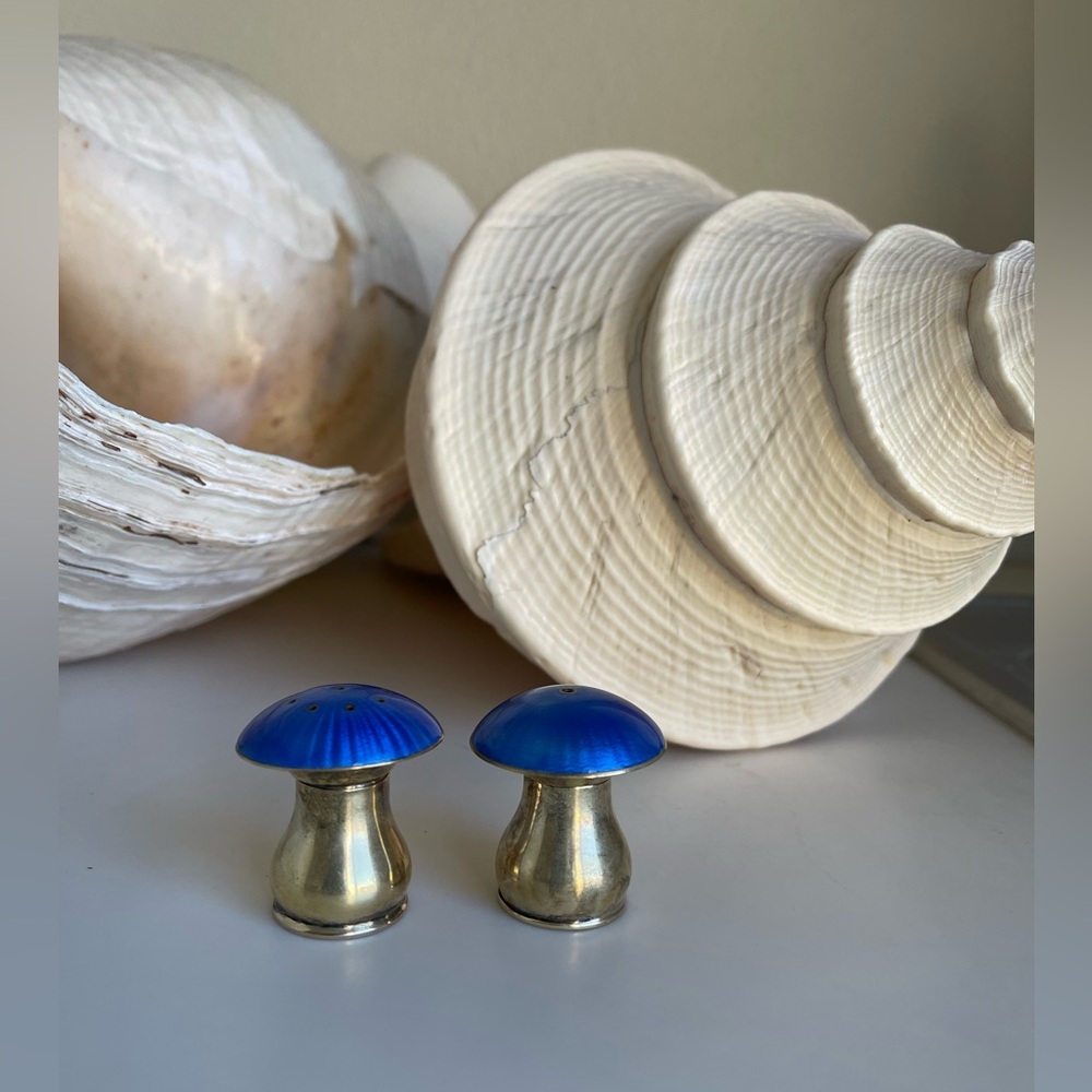 ELA Denmark sterling silver 925 enamel salt & pepper mushroom cobalt blue MCM💙